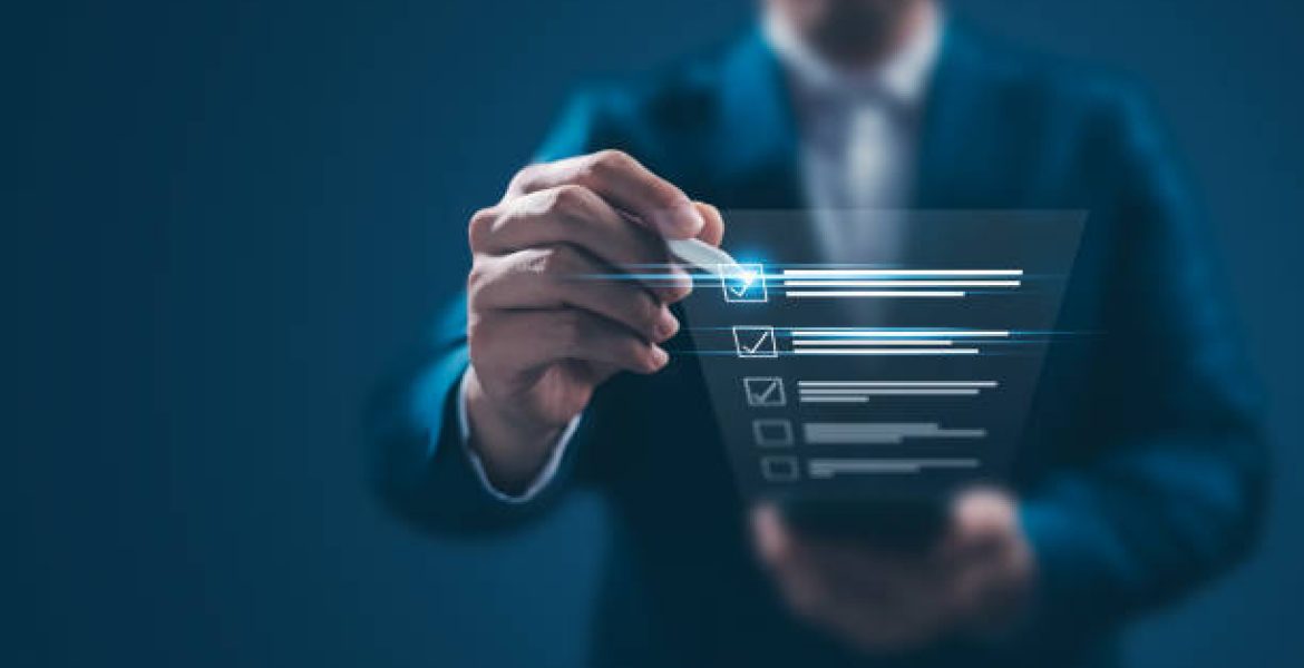 Business performance monitoring concept, businessman using smartphone Online survey filling out, digital form checklist, blue background.