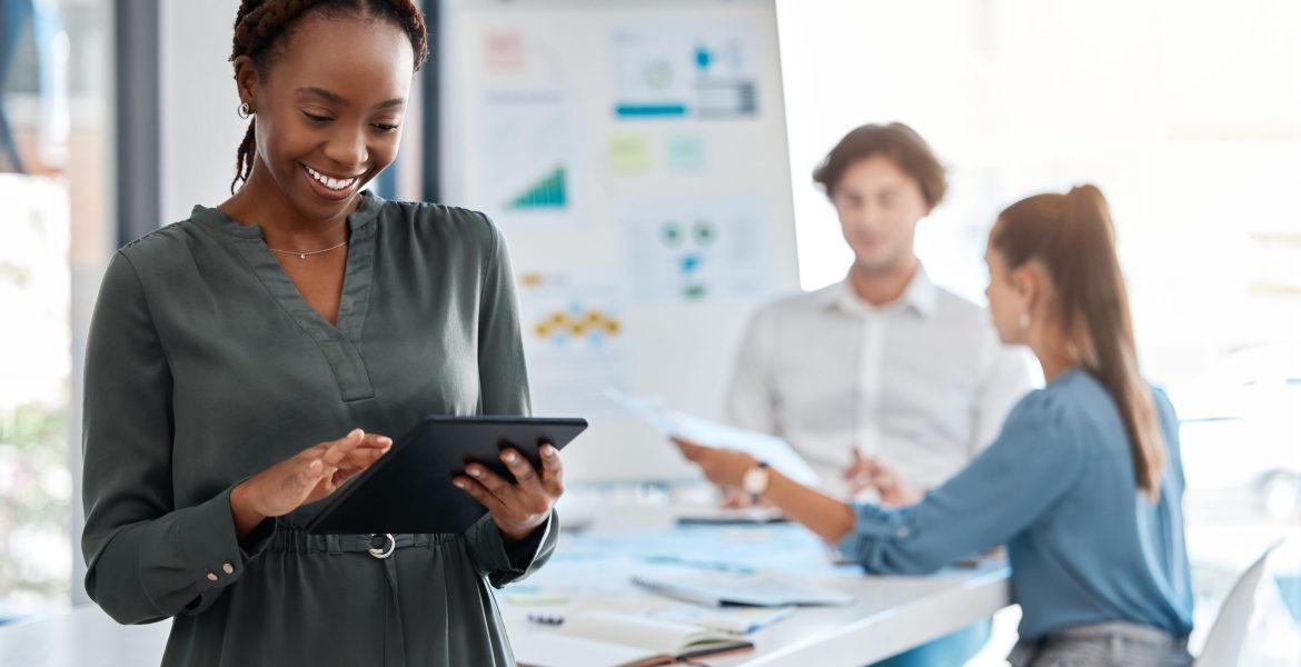 Black woman, business and tablet for new employee in digital marketing startup, advertising company.